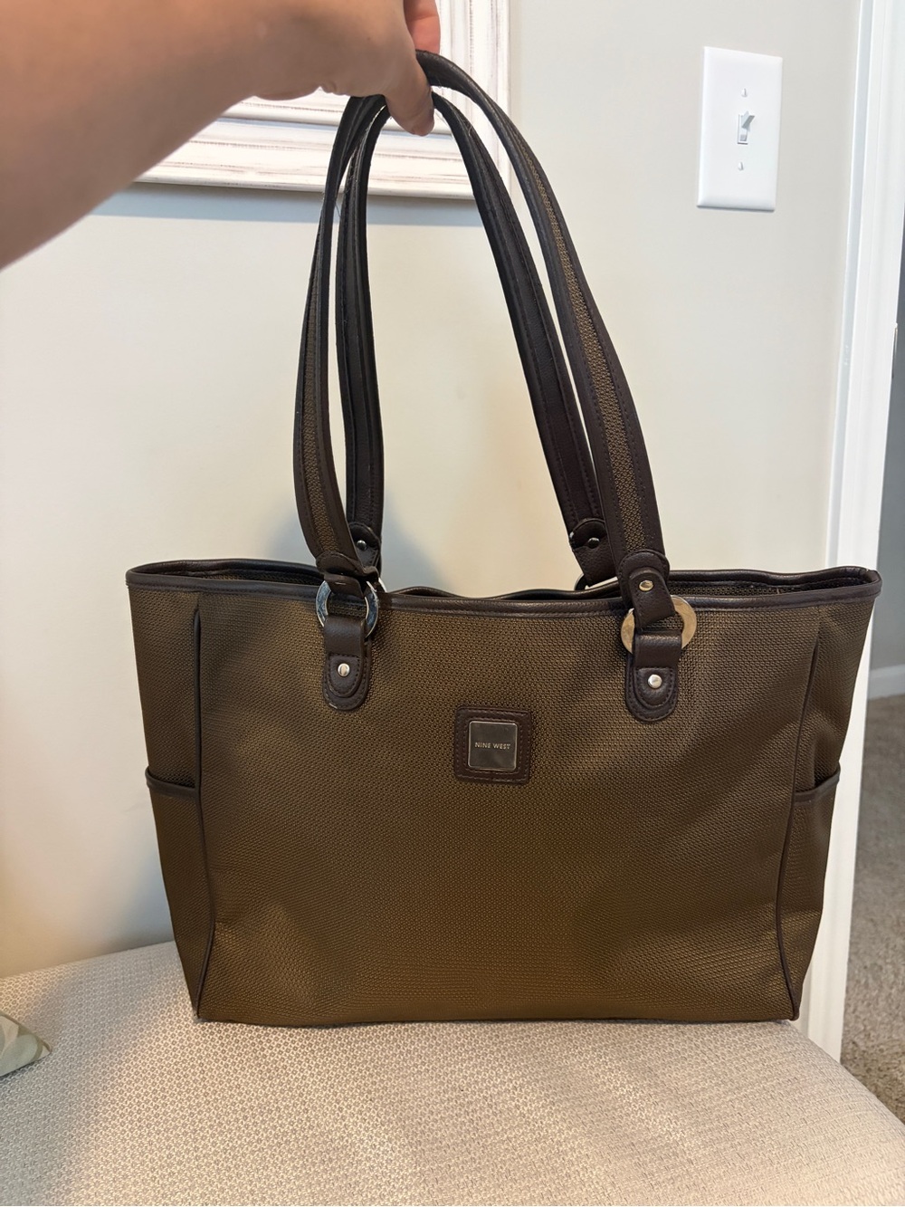 Nine West Vintage Earthy Brown Tech Canvas Tote Bag Shoulder Purse